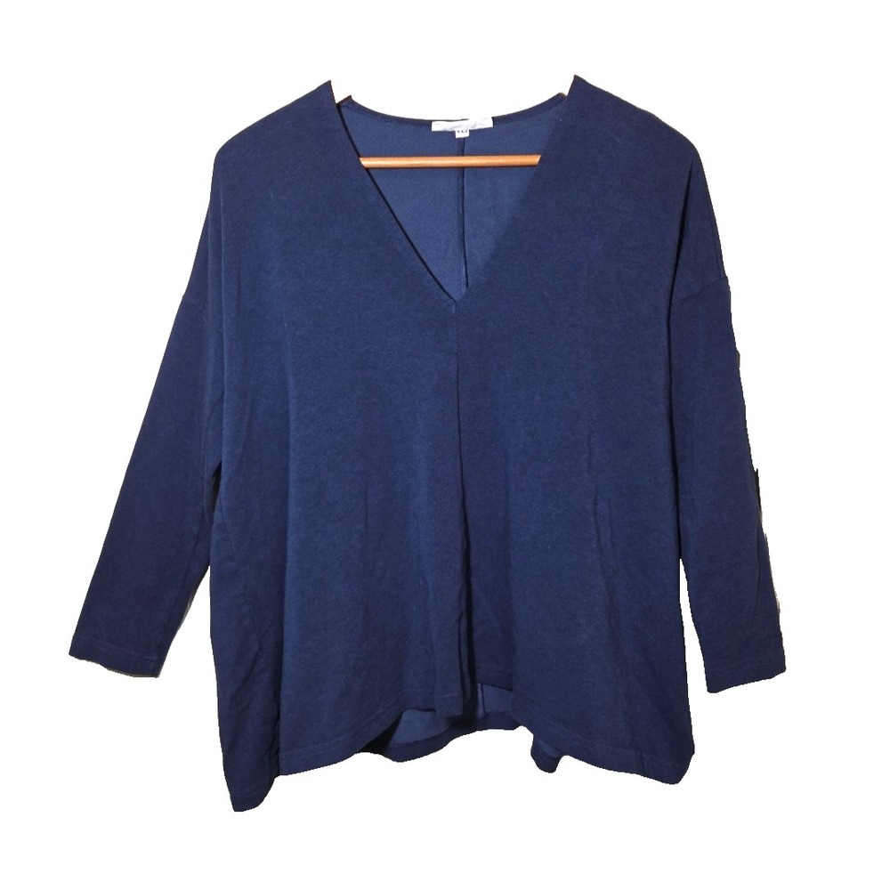 Bryn Walker V-Neck Tunic Top Bamboo Organic Cotton Navy Blue Size XXS Oversized